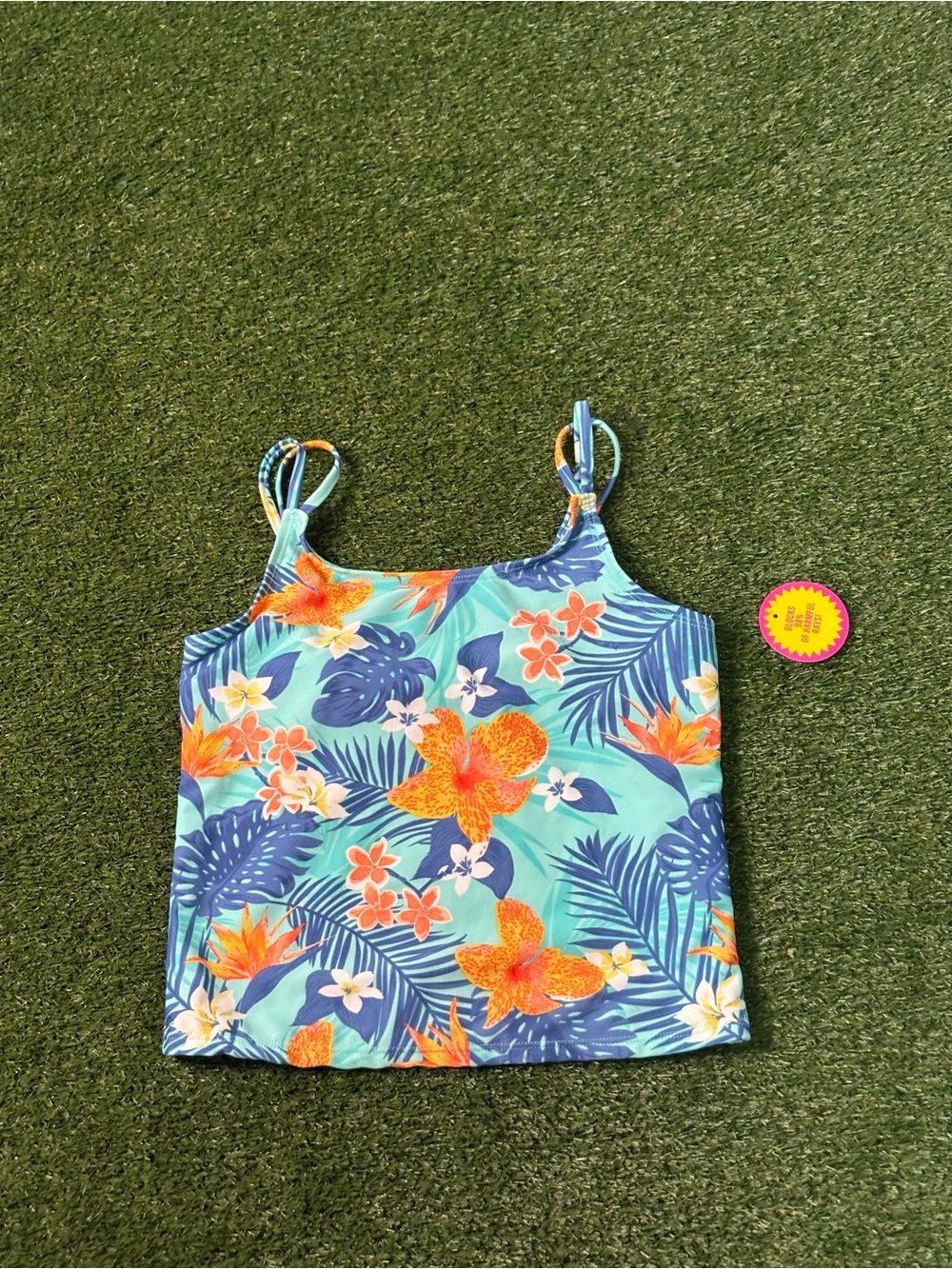 Kids Tropical Floral Tankini Top - Aqua & Orange